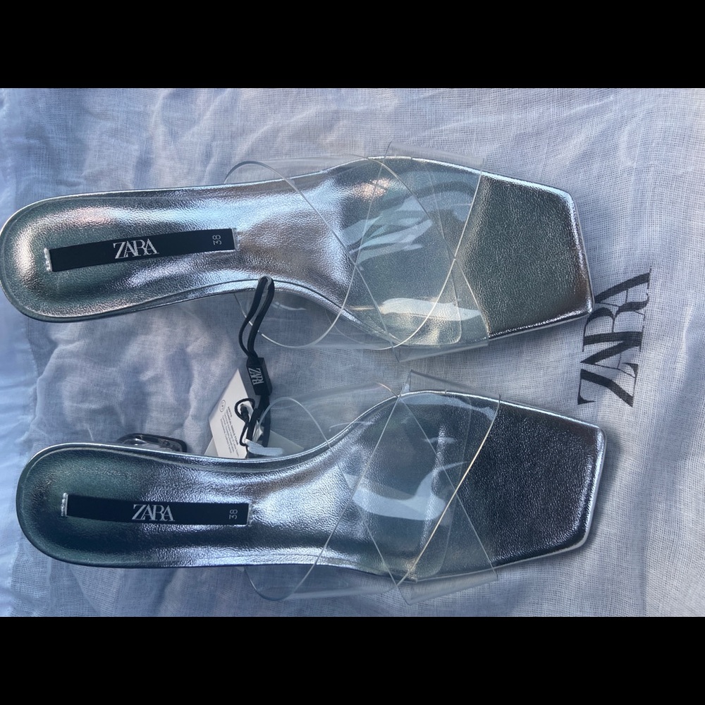 Zara Jelly square toe X-band Lucite heel sandals